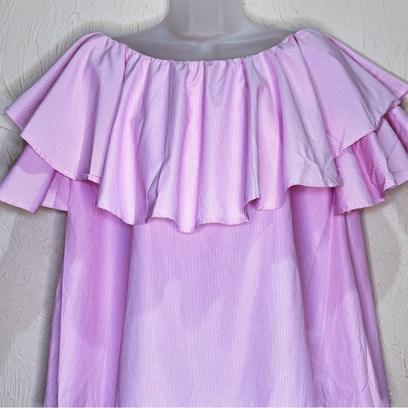 Pink Ruffle Micro Check Off The Shoulder Top Womens M - Picture 5 of 6